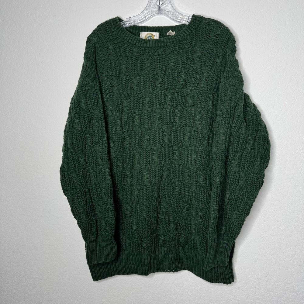 Field Gear Hunter Green Cable Knit Fisherman Sweater Mens Size L Cotton Vintage